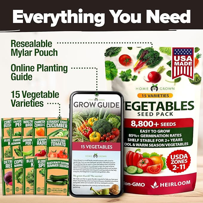 HOME GROWN 15 Variety Survival Seed Vault 7,000+ Heirloom Non-GMO Vegetable Seeds for Planting, High Germination, Complete Garden Starter Kit, Prepper Survival Gear, Indoor Outdoor