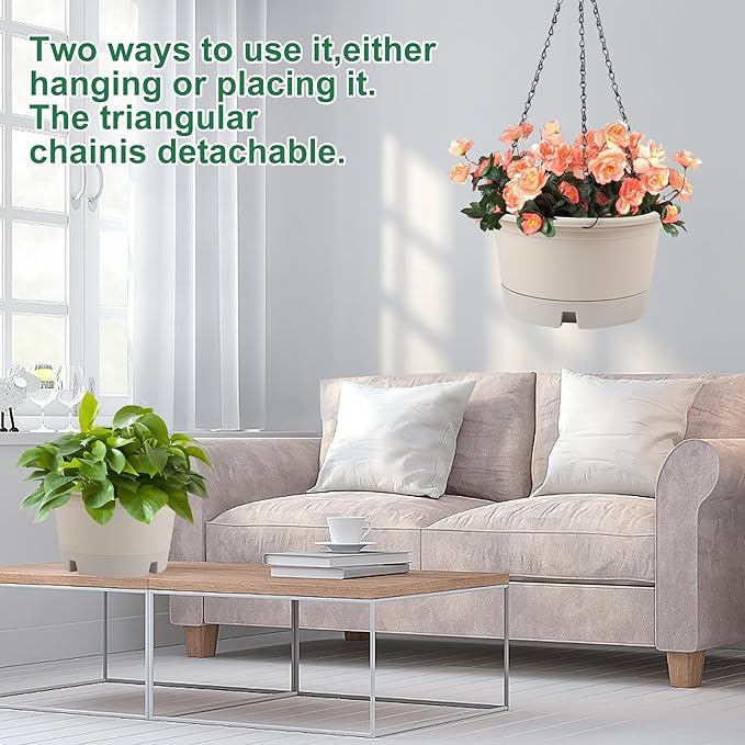 10 Inch Hanging Planters for Indoor Plants, 4 Pack Plastic Hanging Baskets with Removable Trays & 15.7" Chain, Outdoor Hanging Plant Pot for Home Garden Porch Balcony Patio Decor (Beige)