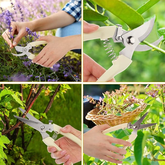 Therwen 12 Pcs Garden Shears Flower Scissors Pruning Shears Floral Garden Clippers Hand Pruners Branch Cutter Gardening Tools for Plants Cutting, Trimming, Fruits Picking (Beige,Bypass, Straight)