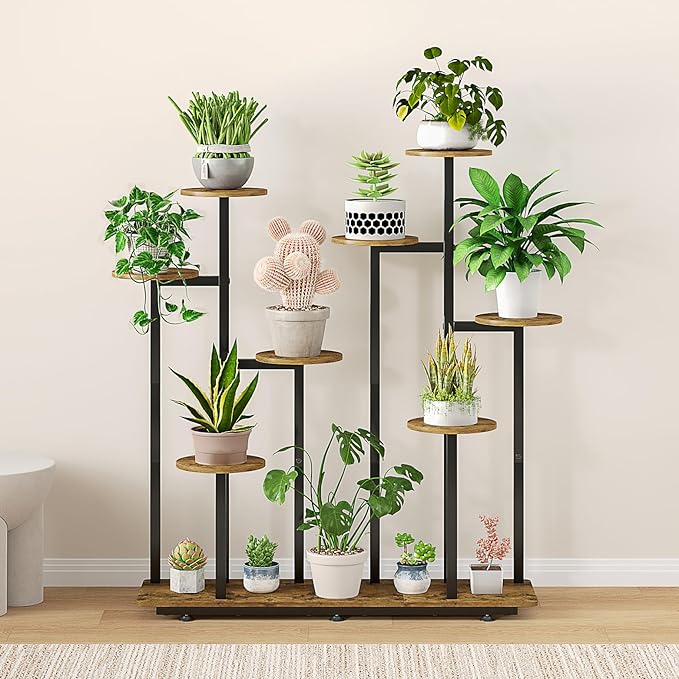 INGIORDAR Plant Stand Indoor Outdoor Corner Flower Stands Multiple Flower Pot Holder for Patio Garden Balcony Living Room 9 Tier Black+Rustic Brown