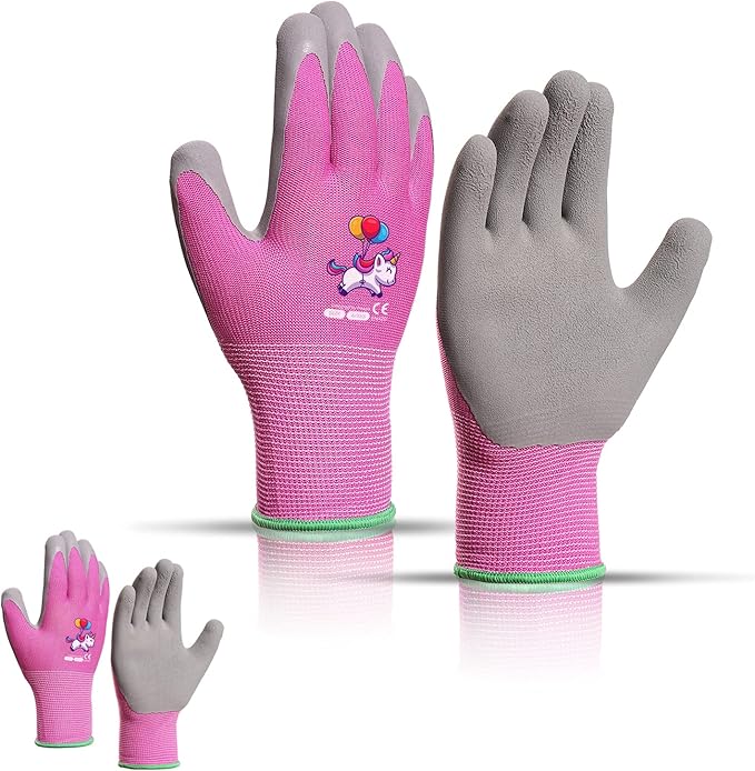 KDK Ages 3-5 Kids Gardening Gloves,Yard Work Gloves for Toddlers, Youth, Girls, Boys, Childrens, Soft Safety Rubber Gloves (XXXS Age 3-5, 2 Pairs Pink Unicorn)