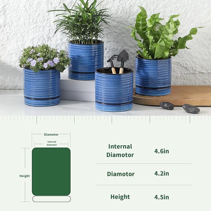 HASENSE Ceramic Indoor Plant Pots, 4.6 Inch Small Flower Planters with Drainage Hole and Saucer, Vintage Reactive Glaze Blue Pots for Succulents, Cactus, Herbs, Home Decor, Set of 4