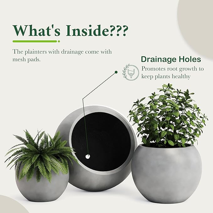 DTY Mount Sherman 21.1'' D x 16.7'' H (Pot Opening 14.6") Fiberstone Round Planter with Drainage Hole, Smooth Finishes, Weather Resistant for Indoor and Outdoor, 2 Extra Coco Mats - Gray, Large