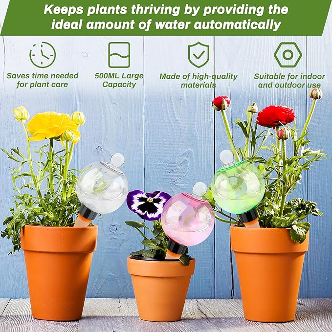 4pcs Plant Watering Globes with 4 Cleaning Brushes, Colorful Self Watering Bulbs (2 White, 1 Green, 1 Pink), Slow Release Water Spikes, Automatic Plant Watering Devices for Indoor Plants