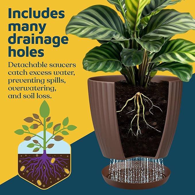 Brown 6-Inch Plant Pots with Drainage & Saucers 18 Pack, Indoor & Outdoor Planters for Houseplants, Herbs, and Flowers, Durable & Weatherproof Material, Stackable, Lightweight, Minimalist Design