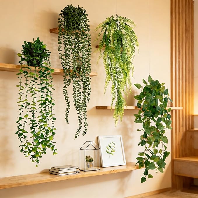 LumBelle 4 Pack Artificial Plants Wall Hanging Fake Plants Indoor for Shelf Boho Faux Eucalyptus Ivy Vine House Plants for Living Room Wall Backdrop Outdoor Decor