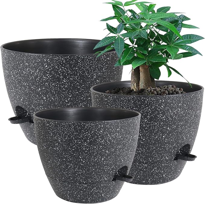 UOUZ Large Self Watering Pots, 12/10/9 Plastic Planters with High Drainage Holes and Deep Reservoir for Indoor Outdoor Garden Plants and Flowers, Black Speckles