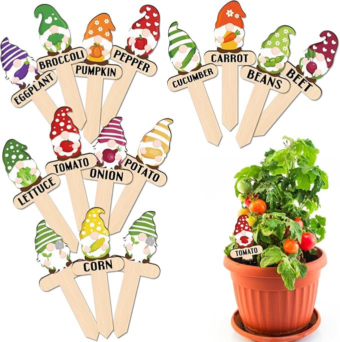 Huray Rayho Wooden Plant Markers for Garden, Funny Gnome Vegetable Labels Outdoor, Decorative Garden Stakes for Vegetables, Cute Plant Tags for Indoor Outdoor Garden, Gifts for Gardeners, 15 Pack