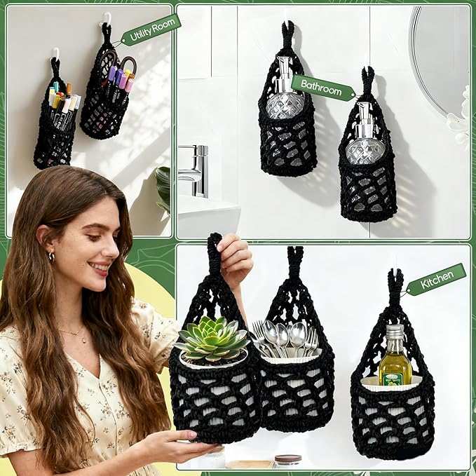 Macrame Wall Plant Hanger, Hanging Planter Basket Holder, Wall Planters for Indoor Plants, for Up to 4 Inch Pot (Black, 4-Inch)