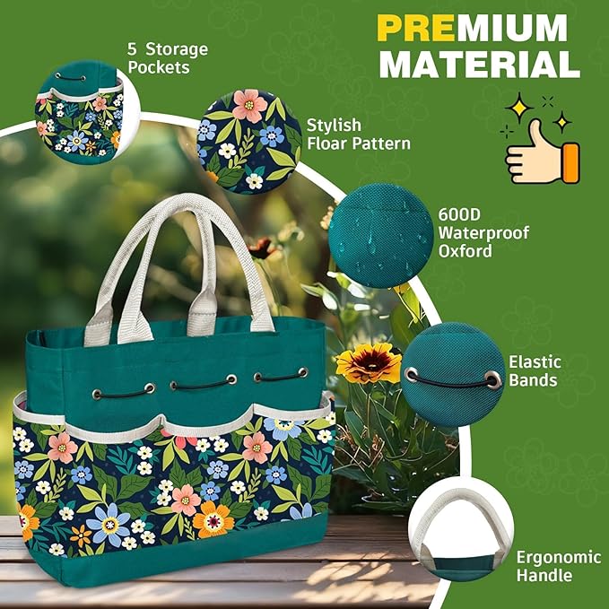 22Pcs Gardening Tools Set for Women Heavy Duty Garden Hand Tools Kit Garden Gifts for Mom Beginner Gardening Accessories with Tote Bag/Shovels/Repotting Mat/Plant Labels/Gloves-Dark Green