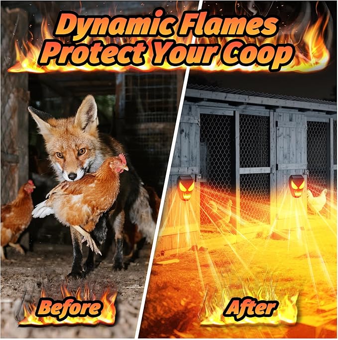 Solar Coyote Deterrent Predator Lights - Nocturnal Animal Repeller with Flame LED Flashing Lights for Chicken Coop, Yard & Garden Protection Against Raccoons, Foxes, Deer, Skunks, Hawks 4 PCS