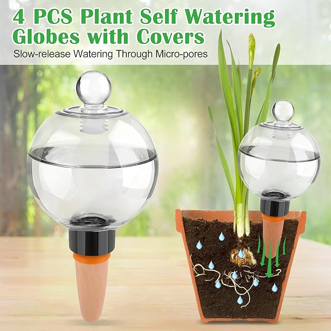 Coitak 4 PCS Plant Self Watering Globes with Covers, Brush, Plastic Plant Watering Devices System Slow Release, Automatic Self Watering Planter Insert for Plant Indoor Outdoor