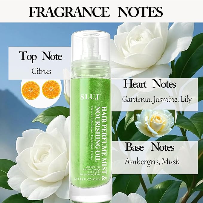 SLUJ Hair Perfume for Women - Hair Mist with Argan Oil & Light Green Shimmer, Lightweight Hair Oil Spray for Dry Hair, Heat Protection Spray for Hair, Long Lasting Hair Scent