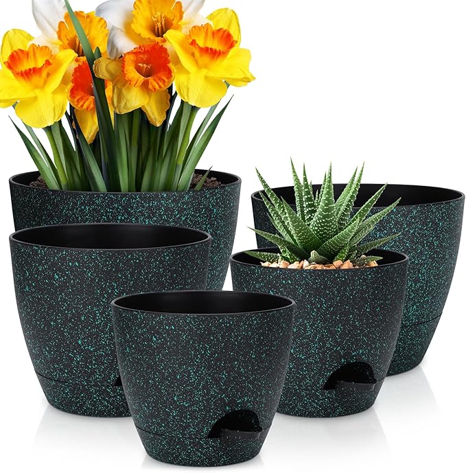 YNNICO Plant Pots 10/9/8/7.5/7 inch, Self Watering Planters with Drainage Holes & Saucers for Indoor and Outdoor Plants (Green Speckles)