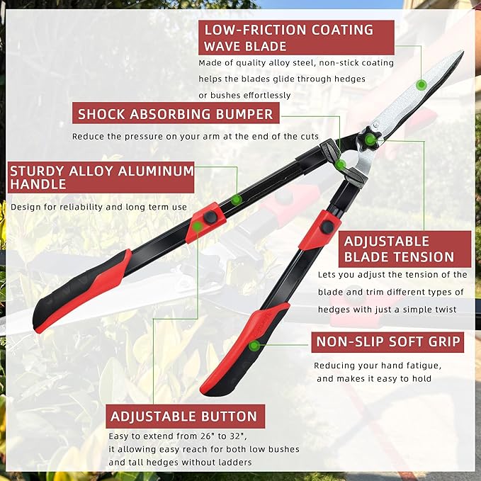 YRTSH Hedge shears, Extendable 26"-32" Hedge Clippers with Sharp Wavy Blade, Manual Hedge Trimmer for Trimming Borders and Shaping Shrubs, Garden Shears Pruner for Lawn and Yard Tools