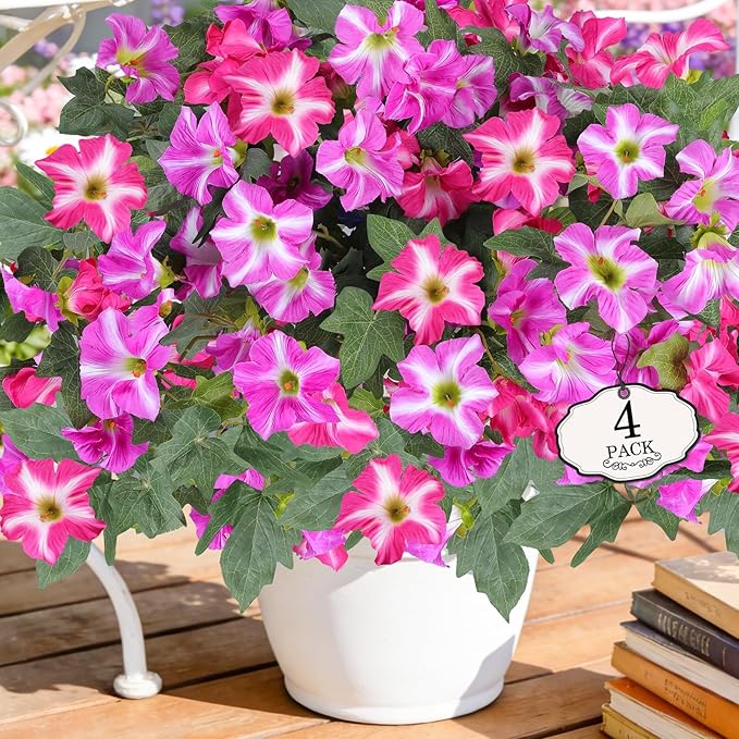 Alotiki Artificial Fake Flowers for Outdoor Decoration,4 Pcs Faux Petunias Flowers UV Resistant Silk for Porch Yard Garden Home Indoor Decor(Purple Red)