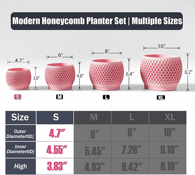 Plant Pots, Modern 3D Printed Honeycomb Planters for Indoor Plants, 4.7 Inch Cherry Pink Decorative Flower Pot for Office Desktop, Bookshelf & Home Decor, Lightweight & Durable.