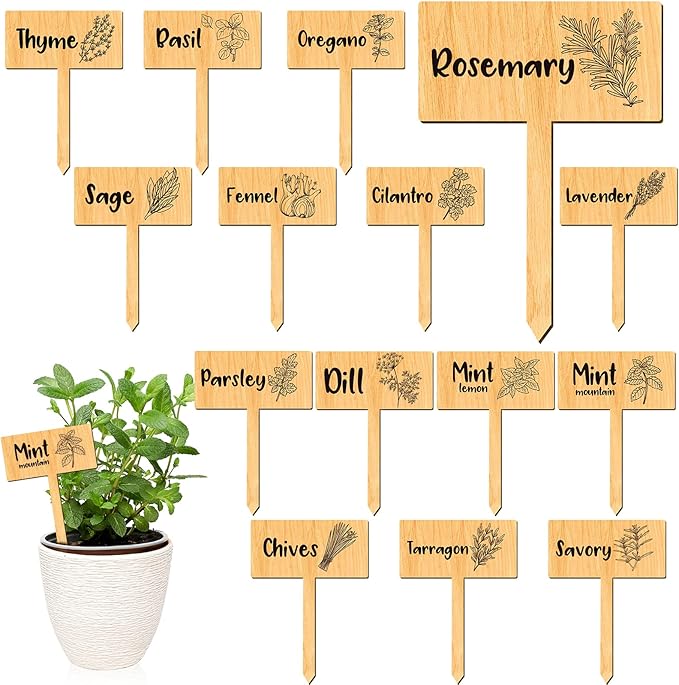 Bucherry 15 Pcs Garden Plant Label Signs, Wooden Herb Markers T Type with Printed Herb Name Waterproof Plant Marker Stakes for Indoor Outdoor Garden Seedlings Flowerpot Potted