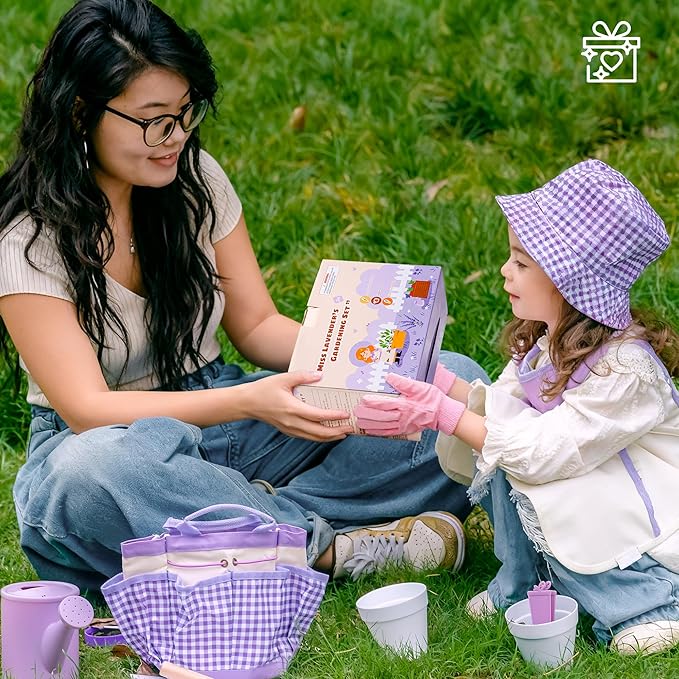 ROBOTIME Kids Gardening Set, 17PCS Toddler Gardening Tools, Toddler Gardening Set with Apron, Hat, Gloves, Watering Can & Tool Bag – Outdoor Play Garden Kit for Kids for Hands-On Learning (Purple )