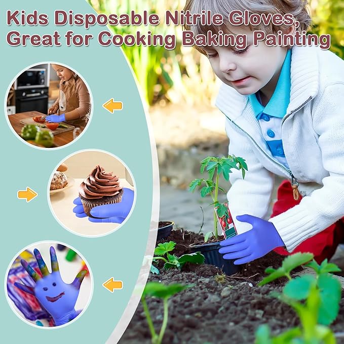 Kids Disposable Nitrile Gloves for 4-10 Years, Suitable for Cooking, Gardening, Painting, Powder and Latex Free-100 PCS