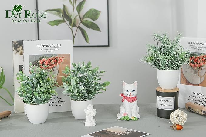 Der Rose Faux Plants Indoor, 4 Pack Small Fake Plants Mini Artificial Plants in Pots for Home Office Shelf Farmhouse Bathroom Decor