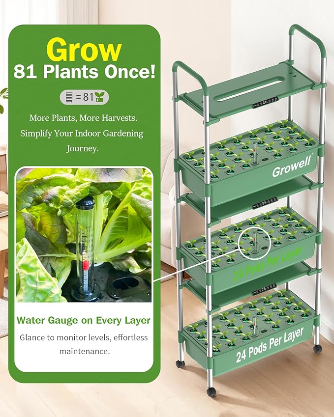 Growell Large Hydroponics Growing System Kit, Vertical Indoor Herb Garden Kit with LED Grow Light & Independent Water Pump, 42L Movable Indoor Planter Perfect Gardening Gifts (3 Tier-81 Pods Green)