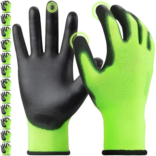 Kebada W1 Work Gloves for Men and Women, PU Coated Safety Gloves with Grip, Touchscreen, Ideal for Warehouse Package Handling, Construction, Gardening, Green XL