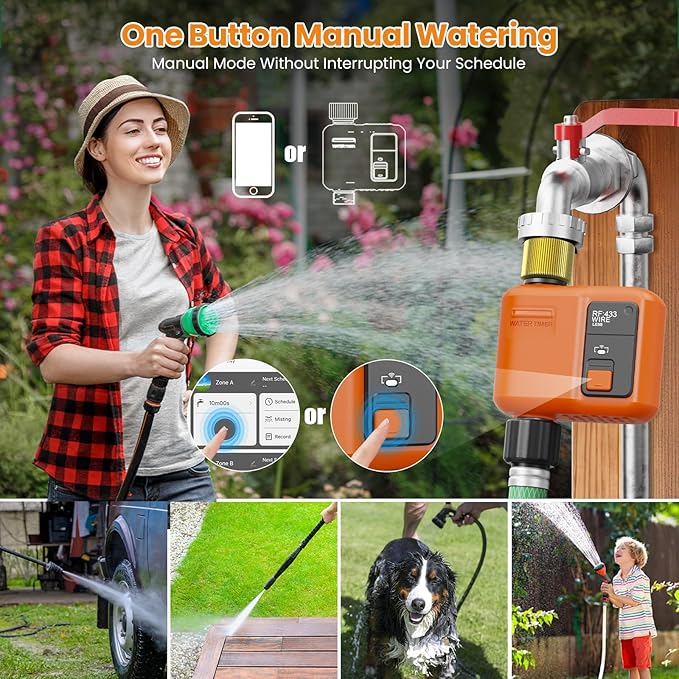 WiFi Water Timer for Garden Hose, Smart Sprinkler Timer with 984ft Long Range, Strong Wall Penetration, APP & Remote Control, Voice Control, Rain Delay, Manual Mode, Watering System for Yard & Lawn