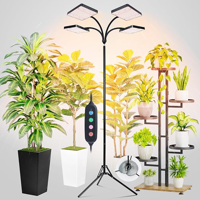 FRGROW 2026 4Head Full Spectrum Grow Light with Stand, 100 Watt Bright Grow Lights for Indoor Large Plants, Tall Bonsai Tree, Auto On/Off Daily Timer(4/8/12/16/20H), Adjustable Stand 24"-78"