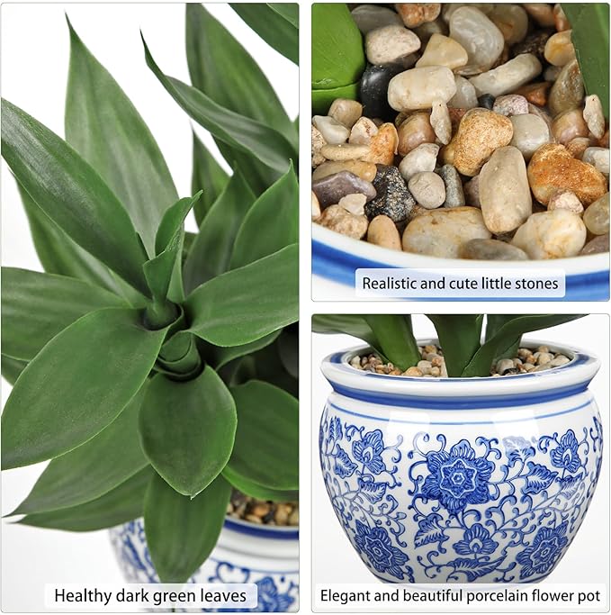 Artificial Potted Plants Indoor Home Decor 20" Tall Fake Lucky Bamboo Plant in Blue and White Ceramic Pot Faux Potted Plants Indoor Houseplant for Home Tabletop, Office Desk, Shelf, Zen Room
