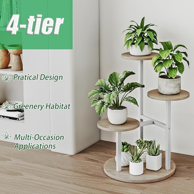 INGIORDAR Plant Stand Indoor Outdoor Corner Flower Stands Multiple Flower Pot Holder for Patio Garden Balcony Living Room 4 Tier White+Sonoma Oa