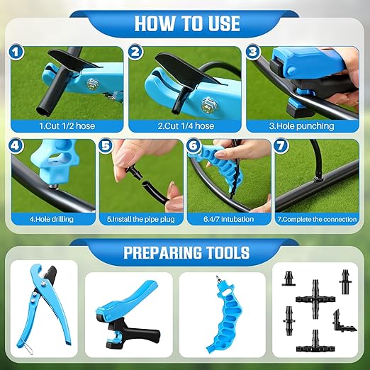 Feekoon Drip Irrigation Punch Hole Tubing Cutter Tools with Barbed Connectors, 2-in-1 Drip Tubing Hole Punch for 1/4 Inch Fitting 16 20 25 mm PE Pipe and Emitter(Blue,345 Irrigation Plugs)