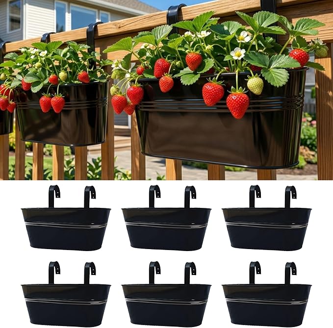 LaLaGreen Outdoor Plants Rail Planter Plants (6 Pack, 11.2 Inch) Black Metal Iron Hanging Flower Pots Deck Railings Fence Buckets Modern Style Wall Mount Window Box Plant Holder with Hooks Porch Decor