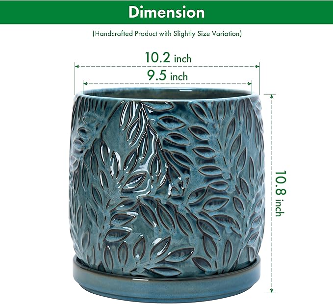 D'vine Dev 10 Inch Embossed Leaves Stoneware Planter Pot with Drainage Hole and Saucer, Ocean Teal, 27-A-P-8