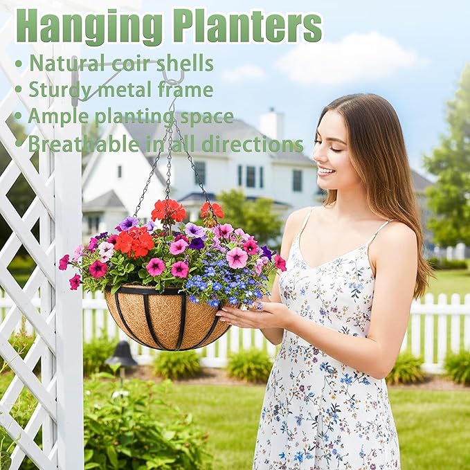 2 Pack 12 Inch Hanging Baskets for Plants Outdoor Metal Hanging Planters Round Hanging Flower Pots with Coco Coir Liner Plant Holder for Outdoor Patio Garden Balcony Decor - Flat Iron
