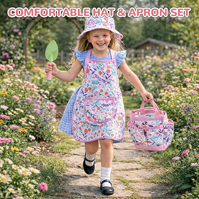 Kids Gardening Tool Set Kids Gardening Tools Shovel Rake Fork Trowel Apron Gloves Watering Can and Tote Bag Toddler Gardening Tools for Kids Best Outdoor Toys Gift for Boys and Girls