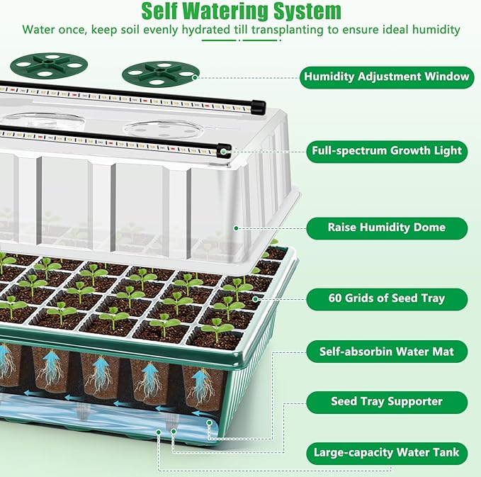 2 Set 120-Cell Seed Starter Tray with Grow Light, Self-Watering Seed Starter Kit with Humidity Dome, Adjustable Brightness Timed Seedling Starter Plant Germination Trays Indoor