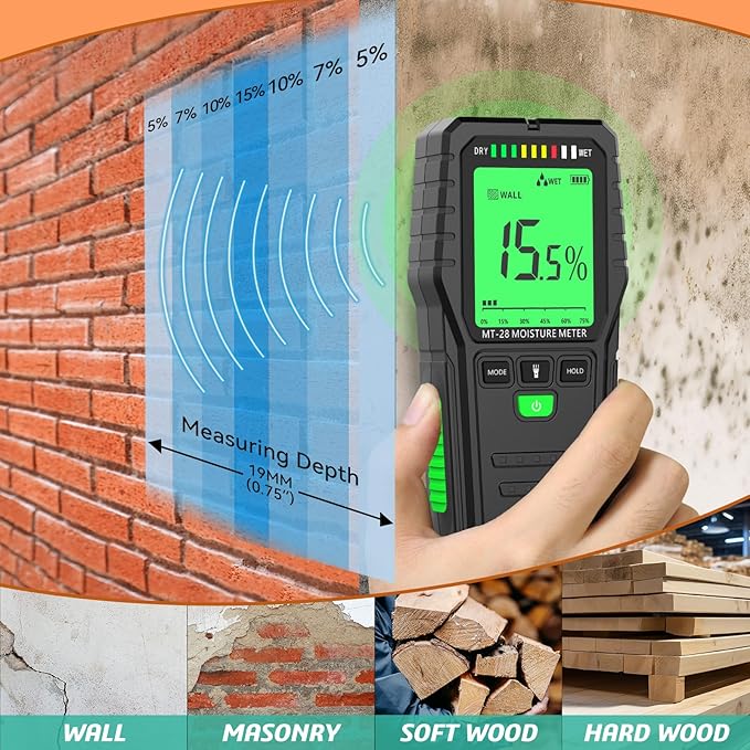 Pinless Moisture Meter for Walls, Wood, Non-Invasive Moisture Detector with Deep Scan, Digital LCD Display – Wall Moisture Tester for Water Damage, Home Inspections, Renovation