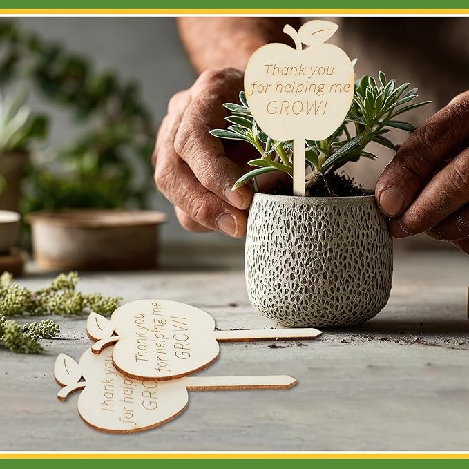 Sieral 50 Pcs Wooden Teacher Appreciation Plant Tags Sign, Thank You for Helping Me Grow, Apple Shape Plant Tags, Grow Succulent Gift Card Graduation Gifts Stakes Labels Garden for Baby Shower