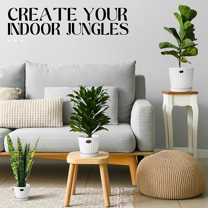 3 Pcs Ceramic Plant Pots 7.3/6/4.7 Inch Ceramic Flower Pot with Drainage Hole and Saucer Decorative Planter Indoor Outdoor for Gardening Home Desktop Office Windowsill Decoration Gift(White)