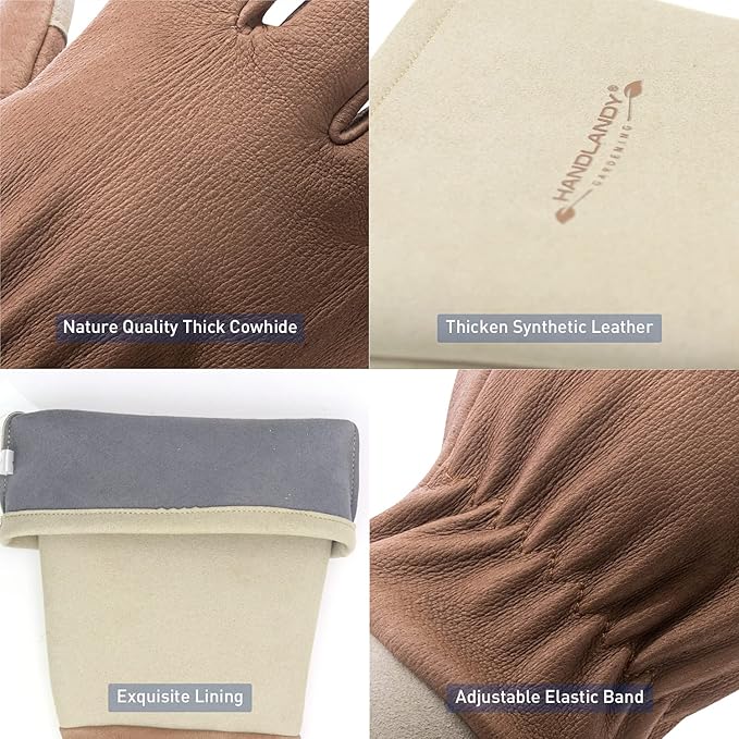 HANDLANDY Long Gardening Gloves for Men & Women, Thorn Proof Rose Pruning Gloves Leather Gauntlets Garden Glove Yard Work Glove (Warm Brown, Medium)