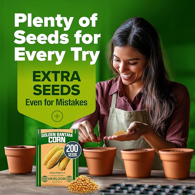 HOME GROWN Golden Bantam Sweet Corn Seeds 200+ Heirloom Non-GMO Seeds for Planting, High Germination, Yellow Kernel Corn on the Cob, Early Summer Harvest, Easy to Grow Home Garden Crop (Zea mays)