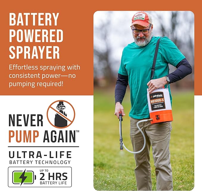 PetraTools Battery Powered Sprayer 1 Gallon - HD1000-S - Heavy Duty Electric Sprayer for Lawn and Garden Weed/Pest Control, Watering - with Battery, Charger & 2 Nozzles (1 Gallon)