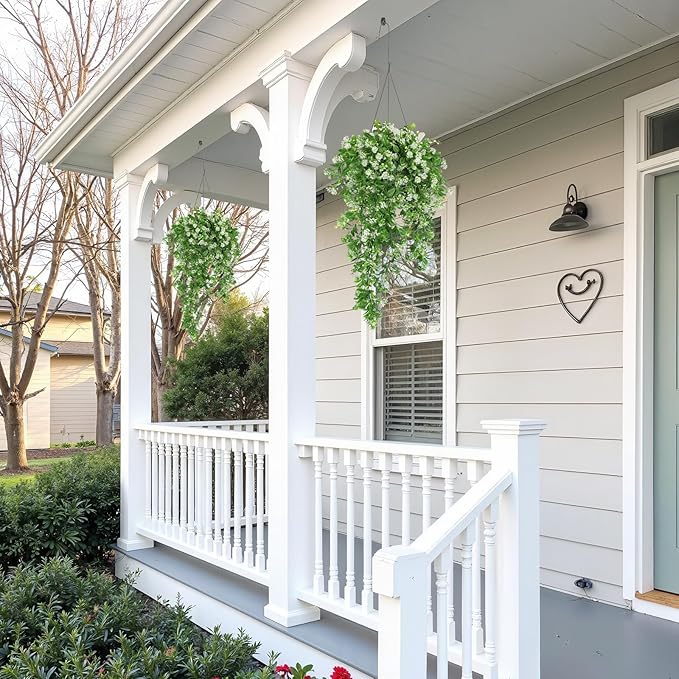 RECUTMS 2Pcs Artificial Hanging Flowers for Outdoor Decoration Fake Hanging Plants Faux White Flowers Artificial UV Resistant Plastic Greenery Vines Ivy for Outdoor Indoor Garden Party Decor（White）