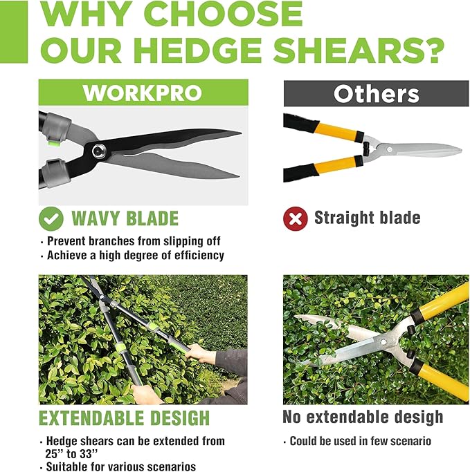 WORKPRO Extendable Hedge Shears, 25"-33" Manual Hedge Clippers, Professional Bush Cutter, Gardening Pruners Scissors, Hedge Trimmers, Shears Gardening Tools for Pruning Borders & Shrubs