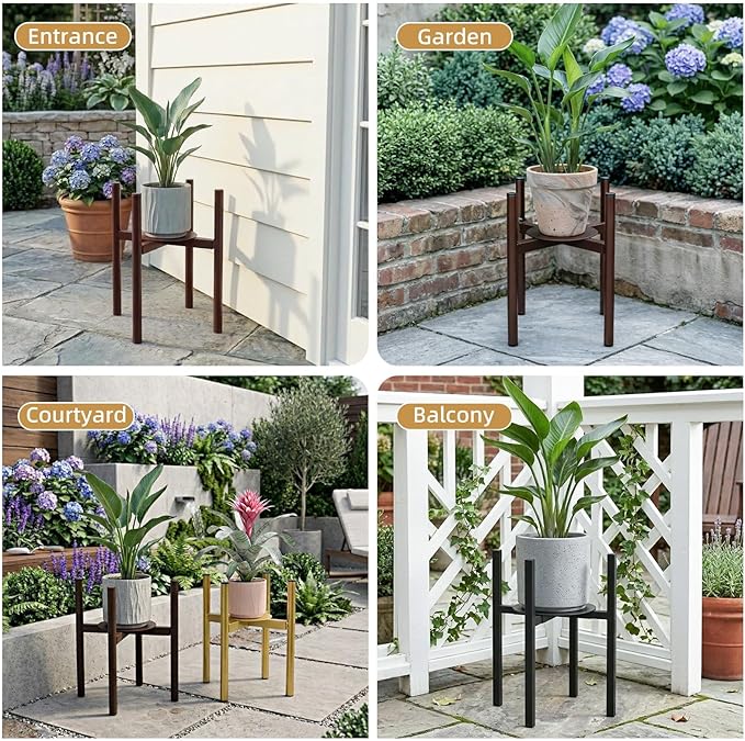 Plant Stand Indoor for 2 Height Options ,Mid Century Modern Outdoor Planter Holder,Corner Plant Stand Capacity of 160LB for 8 to 14 Inch Pots Coffee with Round Plate