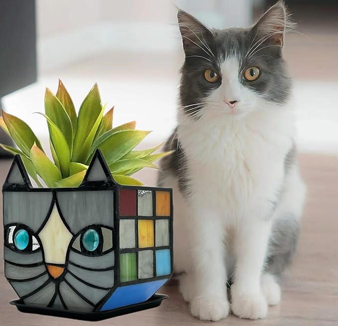 Unique Stained Glass Gray Cat Planter, Plant Pots Indoor,Indoor Flower Pots with Drainage,Window Sill Cat Decoration Gift,4.6x5.15x3IN