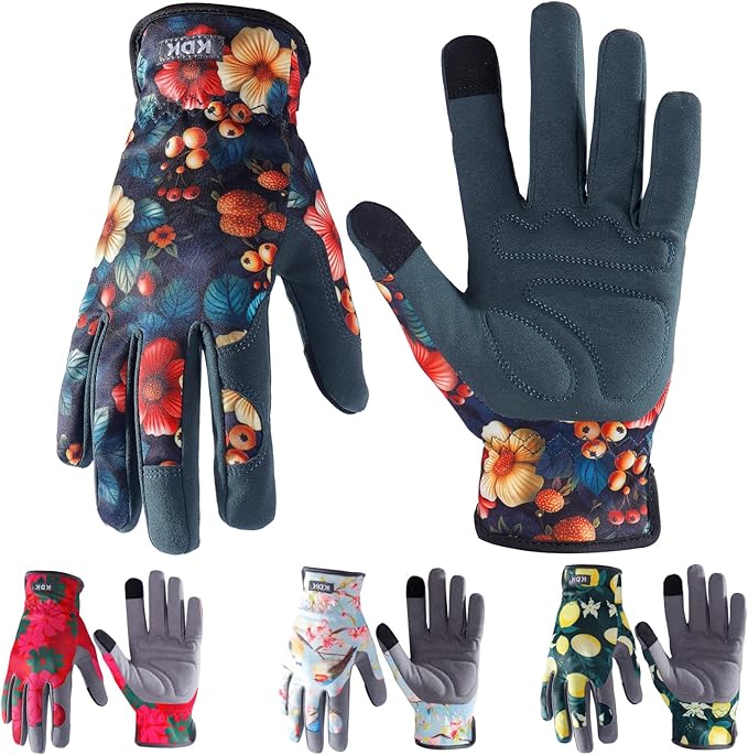 KDK Gardening Gloves for Women, Flexible Breathable Garden Gloves, Leather Working Gloves for Weeding, Digging and Pruning (Flowers and Berries, Medium)