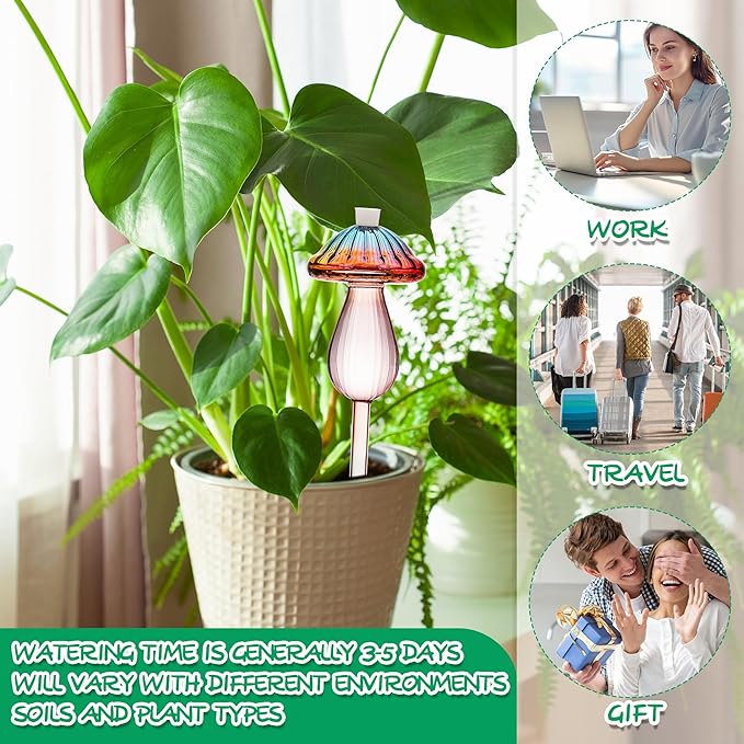 Plant Watering Globes Mushroom, Rainbow Gradient Color Plant Watering Devices, Self Watering Planter Insert, Self Watering Globes - Watering Bulbs for Indoor Plants for Travel Vacation (2 PCS)