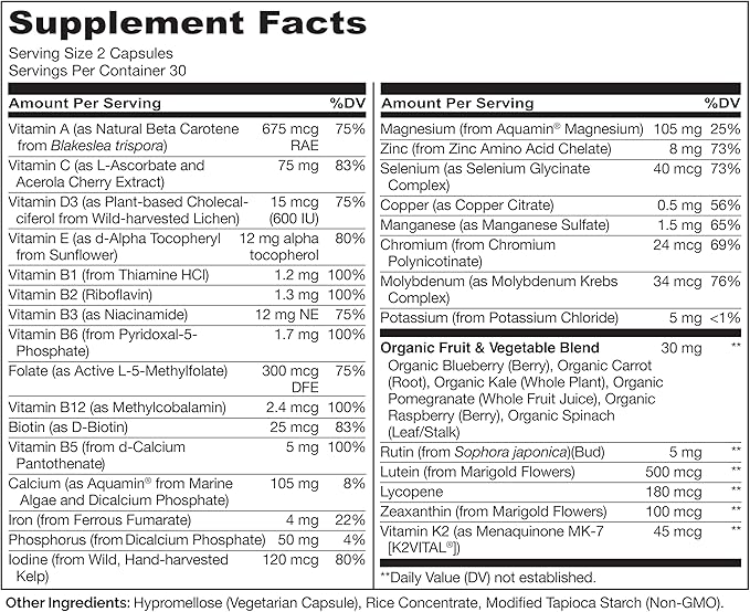 NATURELO Multivitamins for Teenage Girls/Boys, 60 Capsules, Whole Food Multivitamin with Minerals, Non-GMO, Vegetarian